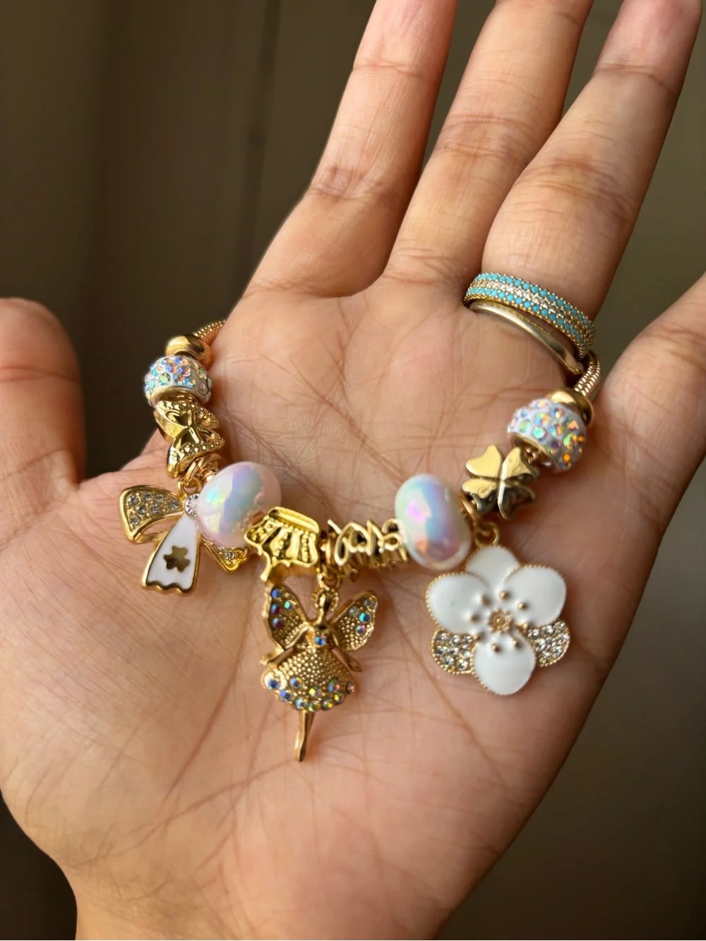 Gold Charm Bracelet with Iridescent Beads and Fairy Charms 🌸